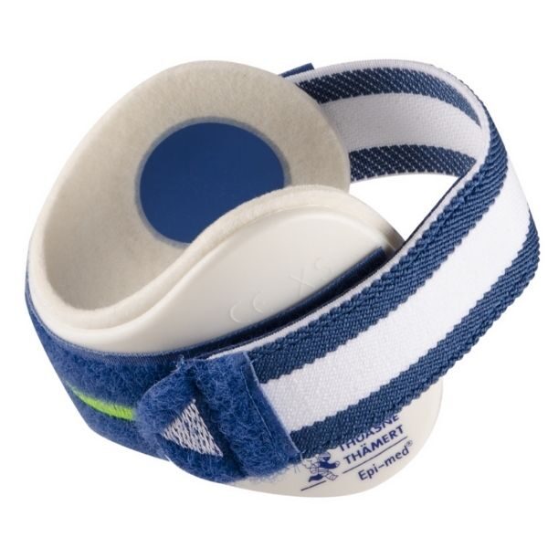 Epimed Blue White Clasp for epicondylitis, stretched or torn ligaments and regular sprains affecting the arm and elbow.